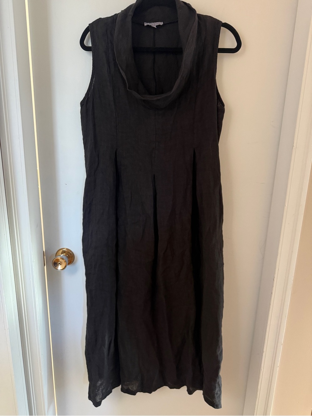Linen Luv Black Linen Midi Dress Size S Cowl Neck Pockets Lagenlook 100% Linen